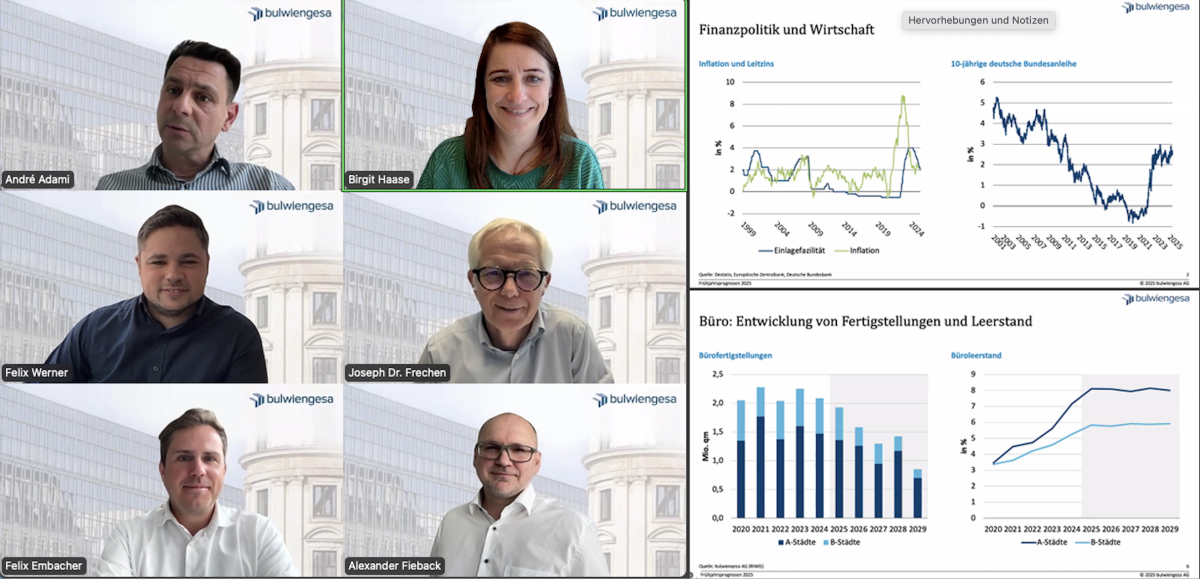 Aufnahme aus dem Webinar. Zeigt die Diskussionsteilnehmer und zwei Folien aus der Präsentation.