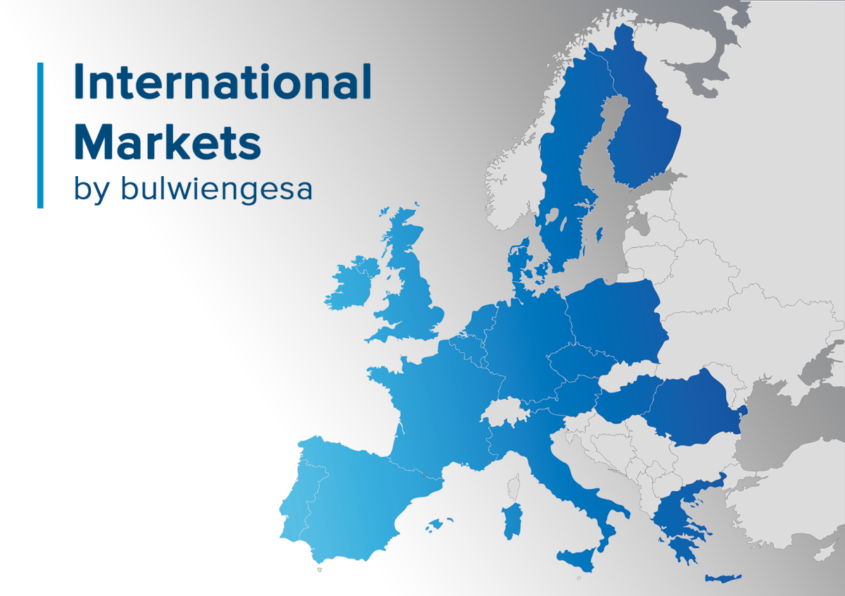 Stilisierte Europakarte mit Datenabdeckung von International Markets by bulwiengesa.